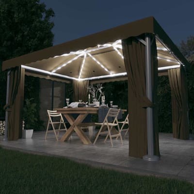 vidaXL - Prieel - met - gordijn - en - LED-lichtslinger - 4x3 - m - taupe