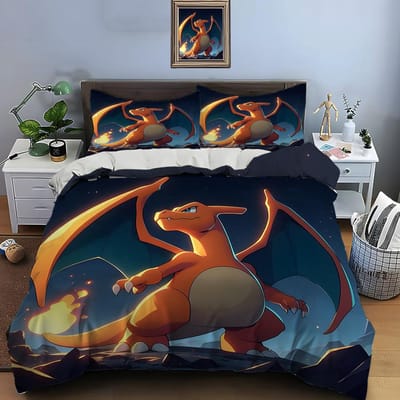 10 Maten Pokémon Charizard Print Beddengoed Set 3 Stuks Set Bed King Size Kussensloop Volwassen Bedovertrek Slaapkamer Bedset voor Cadeaus AS Queen 210X210cm