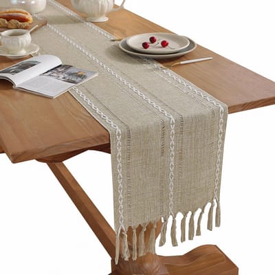 Tafelloper van linnen in landelijke stijl - Tafelloper in boerderijstijl - Geborduurde tafelloper - Met handgemaakte kwastjes - Perfect voor feestjes, als decoratie voor de kaptafel en als decoratie voor de eetkamer (amandelgeel, 33*120 cm)