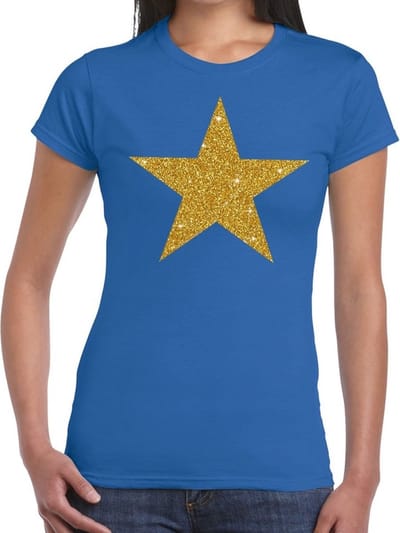 Bellatio Decorations verkleedkleding t-shirt - blauw - dames - Gouden Ster van glitters - feestkleding - Disco - Ster van de show XS
