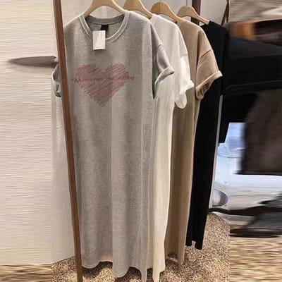Zomer Nieuw Los T-shirt met Korte Mouwen Damesjurk Middellange en Lange Jurk Top Puur Katoen T-shirt Rok M gray