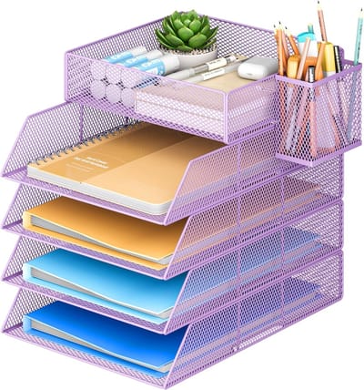 SnelShoppen - Stapelbare Brievenbakjes Bureauorganizer met 4 Papierhouders en 1 Pennenhouder - A4 Documenten Organizer van Metaal in Paars - Ideaal vo