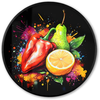 Poster in lijst Rond - Fotolijst 60x60 cm - Posters - Paprika - Peer - Citroen - Graffiti - Verf - Abstract - Ronde posterlijst zwart - Decoratie - Wanddecoratie woonkamer - Muurdecoratie slaapkamer
