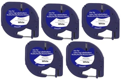 Label tape Geschikt voor Dymo 91201 | 12 mm x 4 m | S0721610 - Zwart op Wit - 5 stuks - Geschikt voor: LT-100H LT-100H Plus LT-100T LT-100T Plus XM XR 2000 QX50