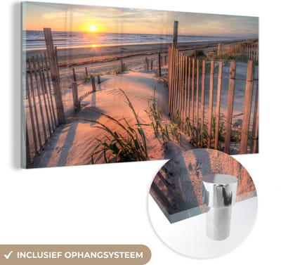 MuchoWow® Glasschilderij 80x40 cm - Schilderij acrylglas - Strand - Zee - Duin - Zonsondergang - Landschap - Foto op glas - Muurdecoratie woonkamer - Wanddecoratie slaapkamer - Schilderijen