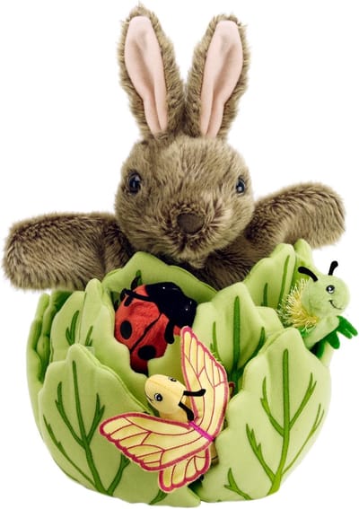 Konijn Handpop - Dierenpop Vingerpop - Verhalen Vertellen - Verstopt in Sla - 33 cm - Groen