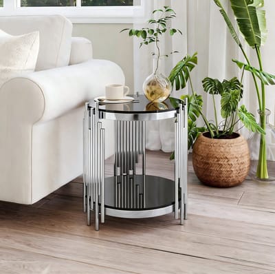 Bijzettafel - Rond Met Twee Glaslagen En Rvs Frame - Voor Woonkamer Slaapkamer Of Balkon - Gehard Glas Zilver Zwart - 45x45x55 Cm