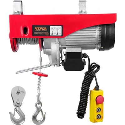VEVOR 230V elektrische lier met een hefhoogte van 500 tot 1000 kg, een kabeltakel van 12 m, een motor van 1600 W en een hefsnelheid van 10 m/min. De lier is voorzien van een bedrade afstandsbediening en een kettingtakel.