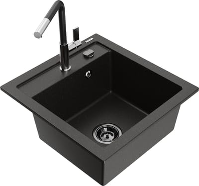 Mexen Vito granieten spoelbak 1-komers met keukenmengkraan Flora, zwart/goud metallic - 6503-75-670401-07-B