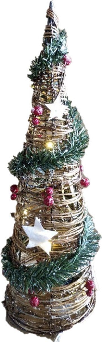 Gerimport LED kegel/piramide kerstboom lamp - rotan - met decoratie - H60 cm
