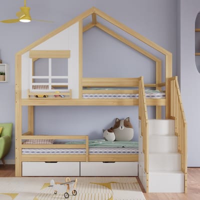 MODFU - Stapelbed - Met Opberglades En Trap Met Leuningen - Huisbedontwerp - Kinderkamer - Hout En MDF - Wit En Naturel - 90 x 200 cm