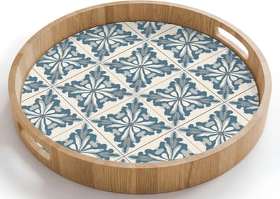 Dienblad rond 40x40 cm - Schootdienblad hout - Dessin - Tegel - Blauw - Borrelplank rechthoek - Plateau houten dienbladen