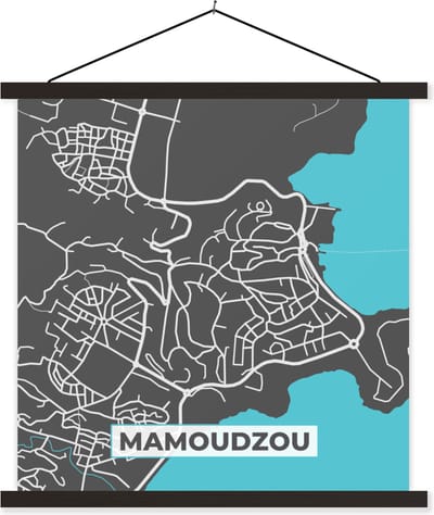 Posterhanger incl. Poster 60x60 cm - Schoolplaat - Mamoudzou - Frankrijk - Stadskaart - Kaart - Plattegrond - Textielposter - Zwarte latten - Stadskaart
