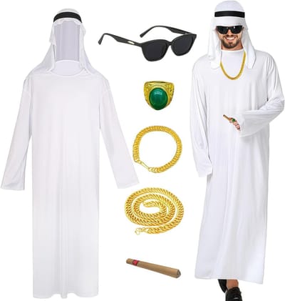 Arabische Mannenrobe voor Sheikh Kostuum met Hoofddoek, Sieraden en Accessoires voor Halloween en Carnaval