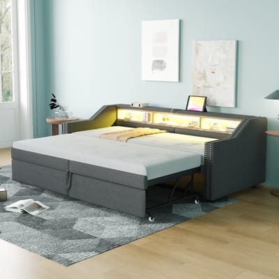 DESMIU Slaapbank 90/180 x 200 cm – Uitschuifbaar Bed met Ledverlichting en Usb-Aansluiting – Zijvakken – Voor Logeerkamer – Donkergrijs – Zonder Matras