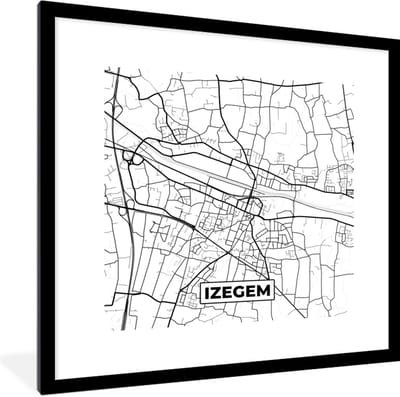 Fotolijst incl. Poster Zwart Wit- Stadskaart – Zwart Wit - Kaart – Izegem – België – Plattegrond - 40x40 cm - Posterlijst