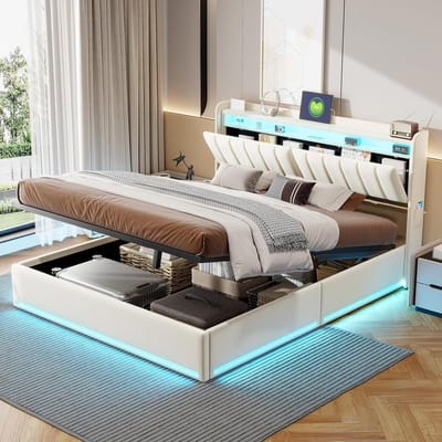 Gestoffeerd bed 140 x 200 cm met USB-oplaadpoorten en opbergruimte aan het hoofdeinde, opbergbed met hydraulische opslag, tweepersoonsbed met sfeerverlichting, jeugdbed, beige, fluweel