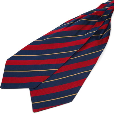 Gestreepte Rood & Marineblauwe Zijden Sjaaldas met Dunne Goudkleurige Accenten