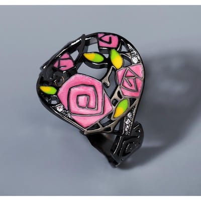 Doornroosje Ring Dames Handbeschilderde Emaille Ring Bloemenring Europese en N Mode Minderheidsring No. 10 black