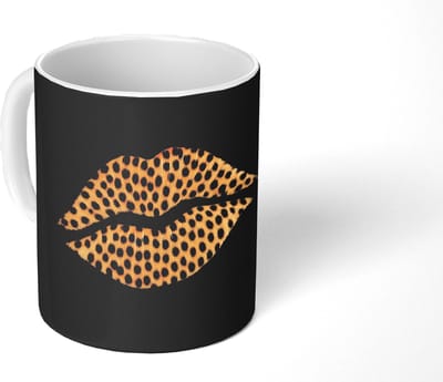 Mok - Koffiemok - lip - Zwart - Panterprint - Mokken - 350 ML - Beker - Koffiemokken - Theemok