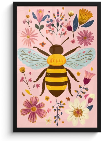 Poster in lijst - Fotolijst 40x60 cm - Posters - Bij - Geel - Bloemen - Kleurrijk - Posterlijst zwart - Decoratie - Wanddecoratie woonkamer - Muurdecoratie slaapkamer