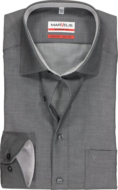 MARVELIS modern fit overhemd - zwart structuur (contrast) - Strijkvrij - Boordmaat: 40 (EU maat: M)