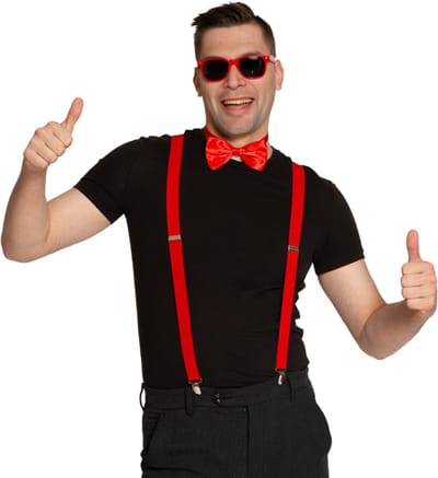Partychimp Verkleed Set Bretels/Bril/Strik Voordeelverpakking 6 Stuks voor bij Carnavalskleding Heren Carnavalskleding Dames Carnaval Accessoires Verkleedaccessoires Volwassenen Foute Party Neon Party - Rood - 6 Stuks