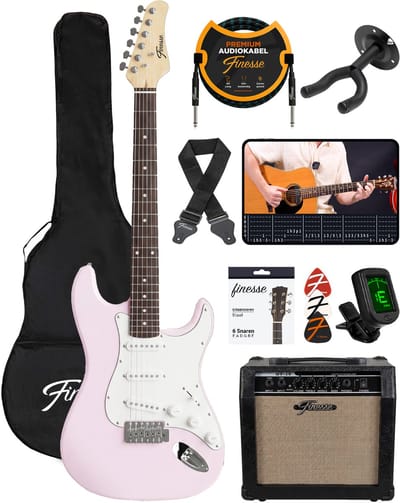 Finesse Elektrische Gitaar met Versterker - met Videocursus - Gitaar - Volwassenen - Kind - Roze