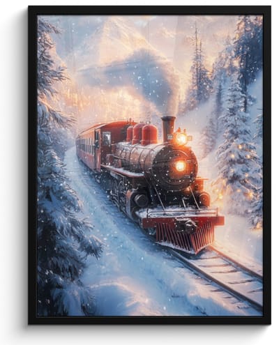 Poster in lijst - Fotolijst 50x70 cm - Posters - Kersttrein - Sneeuw - Winter - Kerst - Posterlijst zwart - Decoratie - Wanddecoratie woonkamer - Kerstdecoratie voor binnen - Kerstversiering - Kerstmis versiering in huis - Kerstaccessoires