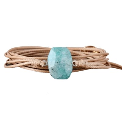 Marama -  wikkelarmband Rechthoekig Amazoniet - lichtbruin waxcord - dames armband - 80 cm - cadeautje voor haar