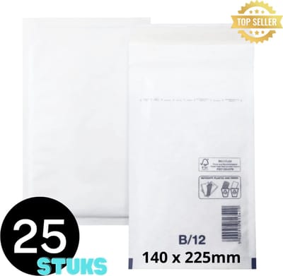B12 Bubbel Enveloppen - 25 stuks - Binnenmaat 120 x 215mm - Buitenmaat 140 x 225mm - Zelfklevende strip - Luchtkussen enveloppen - Verzendzakken - Bubbel enveloppen