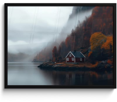 Poster in lijst - Fotolijst 70x50 cm - Posters - Huis - Rood - Bergen - Water - Posterlijst zwart - Decoratie - Wanddecoratie woonkamer - Muurdecoratie slaapkamer