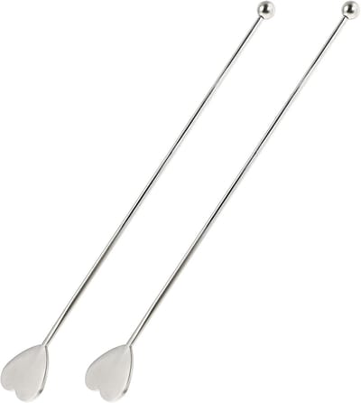 Set van 2 hartvormige roestvrijstalen cocktail roerstokken (16,1cm), sierlijke mengstaafjes voor koffie, thee, drankjes en romantische tafeldecoratie