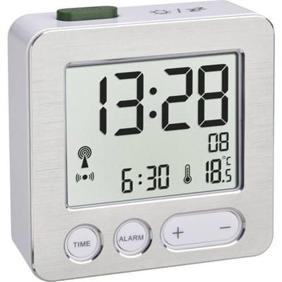 TFA wekker/reiswekker - digitaal - alarmklok - wit - 7 cm - kunststof - zendergestuurd - atoomklok