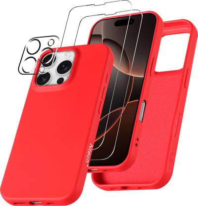 Hoesje Geschikt voor iPhone 16 Pro Max – Zacht siliconen liquid backcover met 2x screenprotectors gehard glas en 1x lens protector – Rood