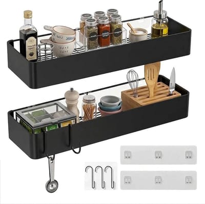 Doucherek zonder boren, multifunctionele doucheplank met haken, shampoohouder en badkameroplossing, 38-40 cm, set van 2, ideaal voor badkamer en keuken (zwart)