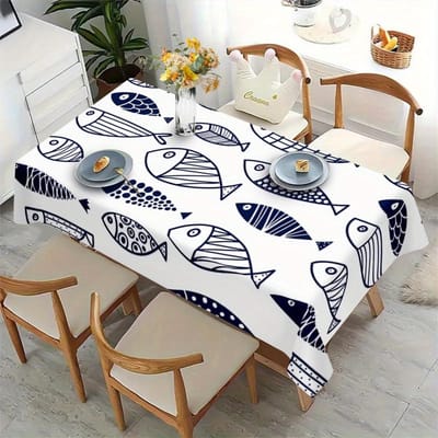 Blauw Vissenpatroon Rechthoekig Tafelkleed voor Tafeldecoratie Moderne Eenvoudige Lijnen Print Keuken Eettafelkleed Feestdecoratie 90x140cm