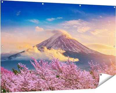 Gards Tuinposter Fuji Berg met Roze Bloesembomen - Bloemen - 150x100 cm - Tuindoek - Tuindecoratie - Wanddecoratie buiten - Tuinschilderij