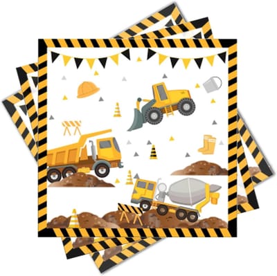 20 Stuks Papieren Servetten met Bouwvoertuigen Print voor Kinderfeestjes - Graafmachine, Bulldozer en Constructie Thema Decoratie