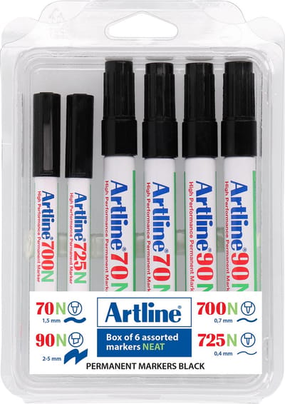 Artline Permanent Marker Set - 6 Stuks - Verschillende Lijndiktes - Watervast & Wrijfvast - Hervulbaar - Zwart