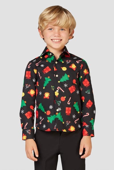OppoSuits Christmas Icons Black - Kerst Overhemd Kids - Kerst Shirt Met Kerstbomen - Maat: 2 jaar