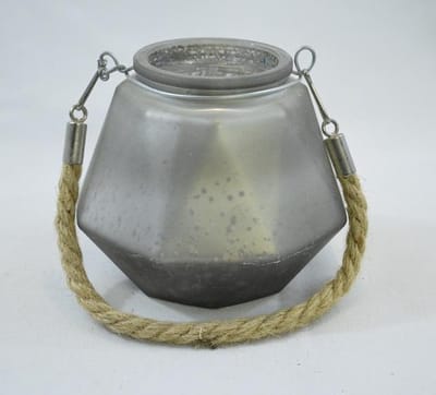 ZoeZo Design - 2 stuks - Waxinelichtjeshouder - glas - grijs - met jute koord - H 11 x Br 13 cm