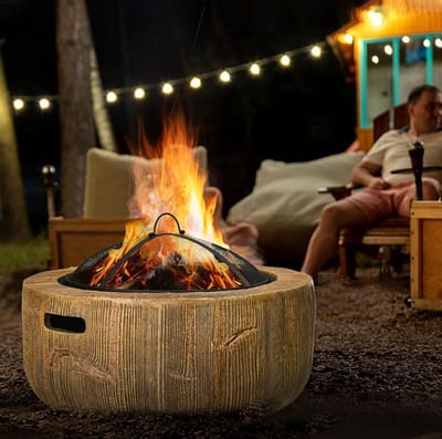 MEUNIQ Vuurschaal met deksel en pook Ø61,5 x 39 cm boomstamdesign met vonkenscherm en kolenrooster voor tuin, terras en camping bruin