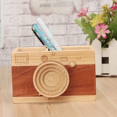 Creatieve Houten Pennenhouder in Camera-vorm voor Bureau, Schattige Pennenpot met 2 Compartimenten, Perfect Cadeau voor Kinderen en Studenten