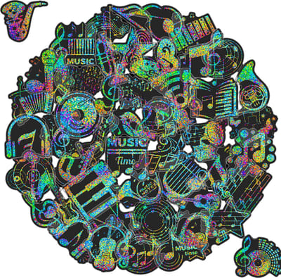 Holografische Muziek Stickers (zilver) met Muzieknoten, Muzieksleutels en Muziekinstrumenten (Gitaar, Trompet, Grammofoonplaat) - 50 transparante stickers