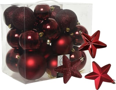 Kerstballen en sterren ornamenten - set 32x stuks - kunststof - donkerrood