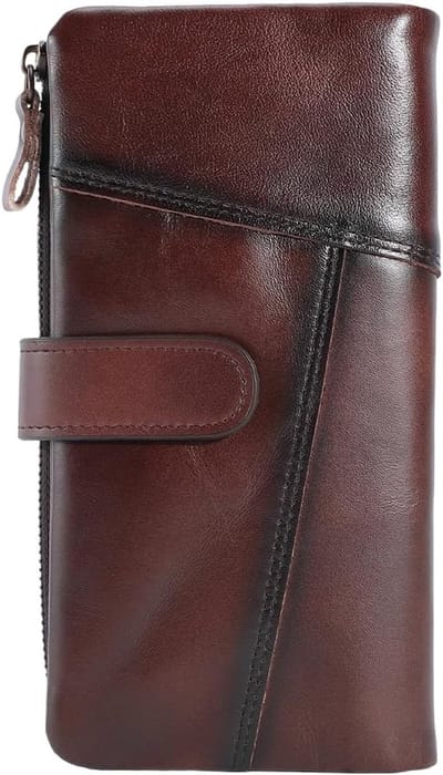 Dailygoods - Lange vintage portemonnee van echt leer voor heren met chequeboekje ritssluiting RFID-blokkering kaarthouder grote capaciteit tas van rundleer organizer voor dames handtas