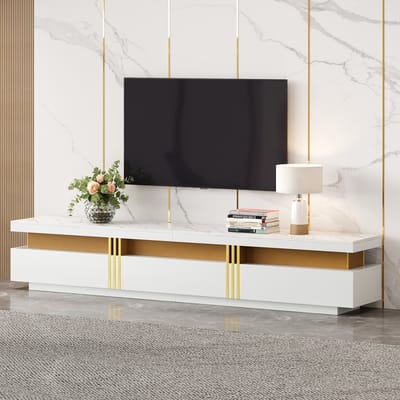 REDOM TV-meubel 200x40x42 cm van spaanplaat, wit met marmerlook blad, modern, met drie lades en kabelbeheer