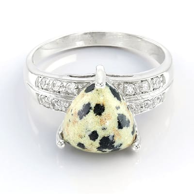 Cavill - Zilveren ring 925 Sterling - 3,38 ct Dalmatiër Jaspis triljant cabochon - 10x pavé zirkonen - Elegante hondenmotief ring