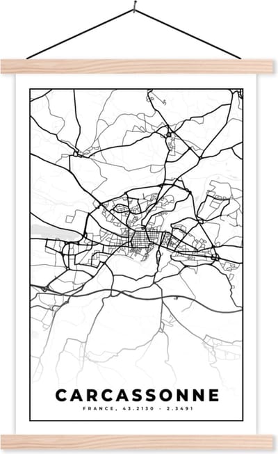 Posterhanger incl. Poster 40x60 cm - Schoolplaat - Kaart - Plattegrond - Frankrijk - Stadskaart - Carcassonne - Zwart wit - Textielposter - Blanke latten - Stadskaart
